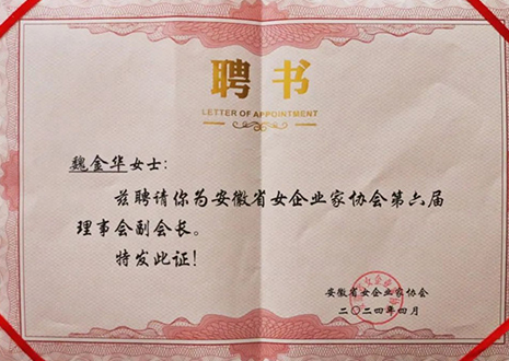 祝贺！九游会总裁魏金华获安徽省女企业家协会第六届副会长荣誉